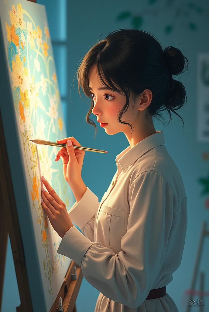 “Create an image in the style of Makoto Shinkai of a woman creating beautiful paintings.”