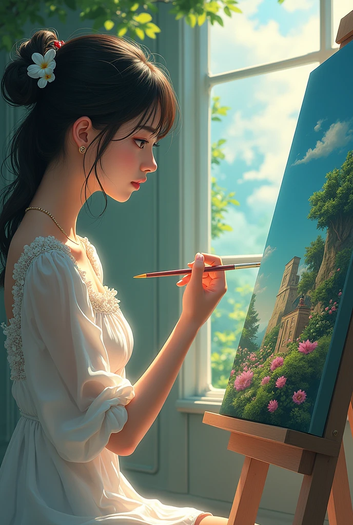 “Create an image in the style of Makoto Shinkai of a woman creating beautiful paintings.”