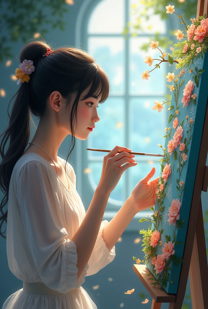 “Create an image in the style of Makoto Shinkai of a woman creating beautiful paintings.”