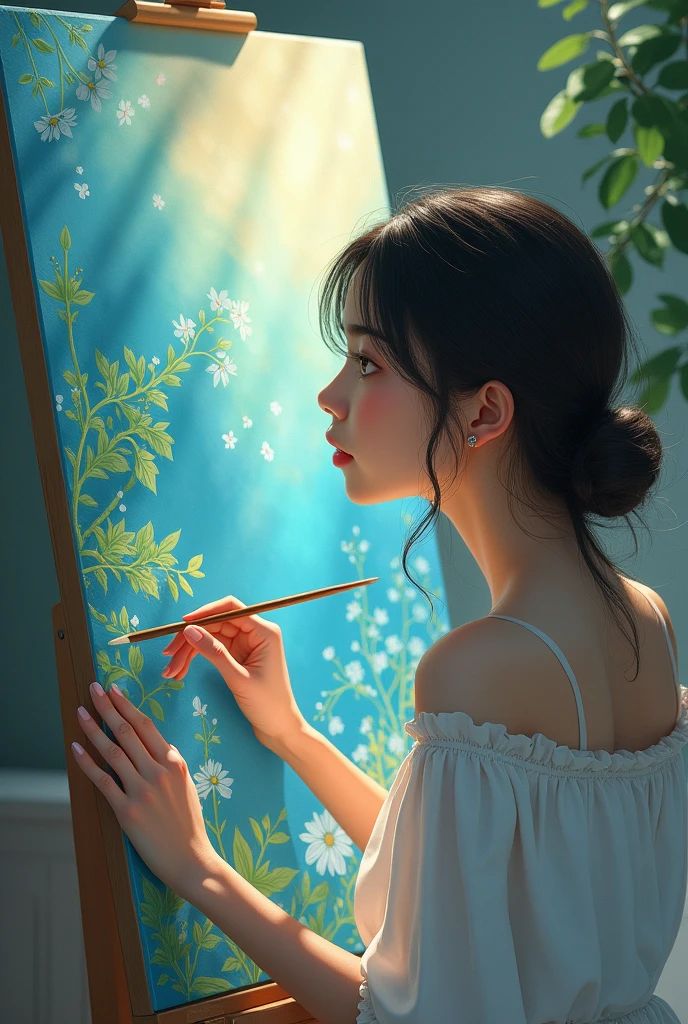 “Create an image in the style of Makoto Shinkai of a woman creating beautiful paintings.”
