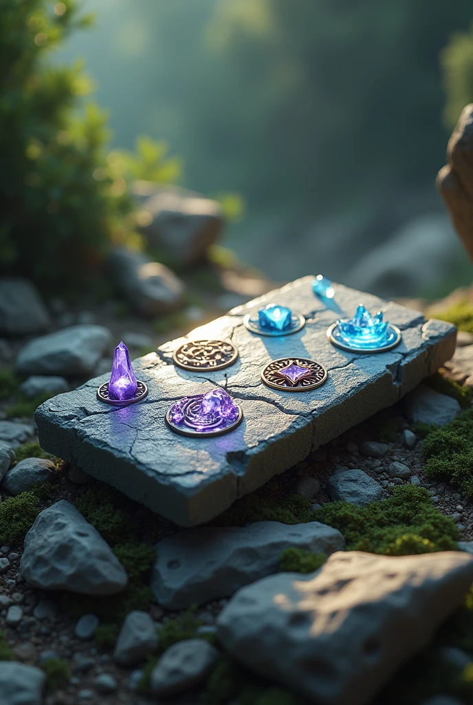Horizontal stone tablet with 6 magical symbols with crystal decoration, magical, natural national. Stylized 3D style.