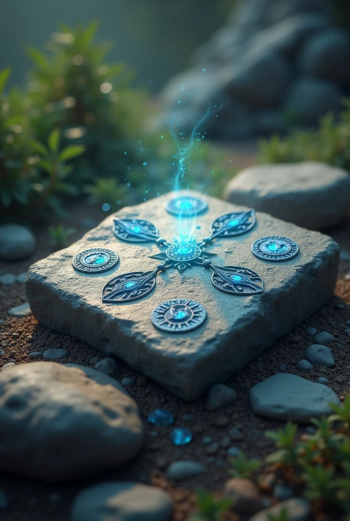 Horizontal stone tablet with 6 magical symbols with crystal decoration, magical, natural national. Stylized 3D style.