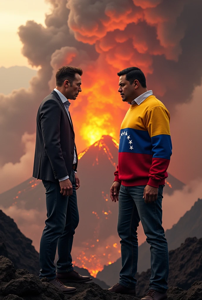 Elon Musk fighting against the current president of Venezuela Nicolas maduro who is wearing a sweater with the Venezuelan flag on top of a volcano