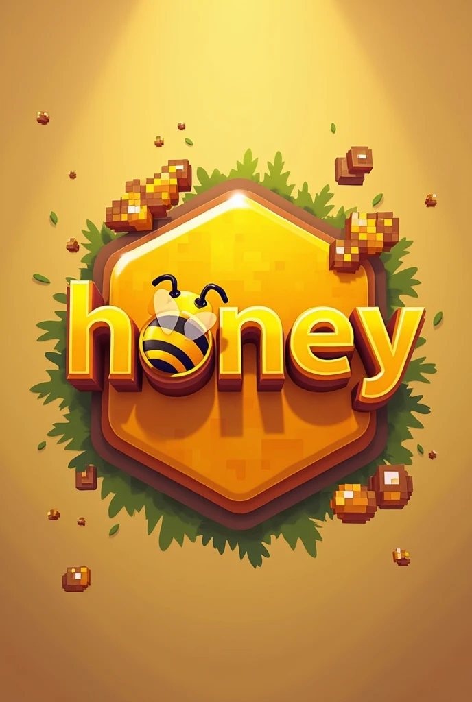 A emblem written "Honey'', with orange-yellow color minecraft theme with a minecraft bee