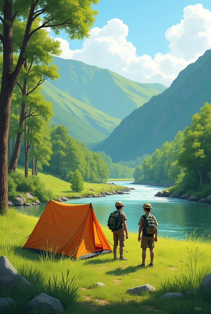 Realistic illustration of a camp with a tent in a valley , in a field with vegetation and grass where you can see part of a river with stones and molle trees, Sauces, alder etc around, with green hills and two a young man from the Pathfinders Club of the Seventh-day Adventist Church