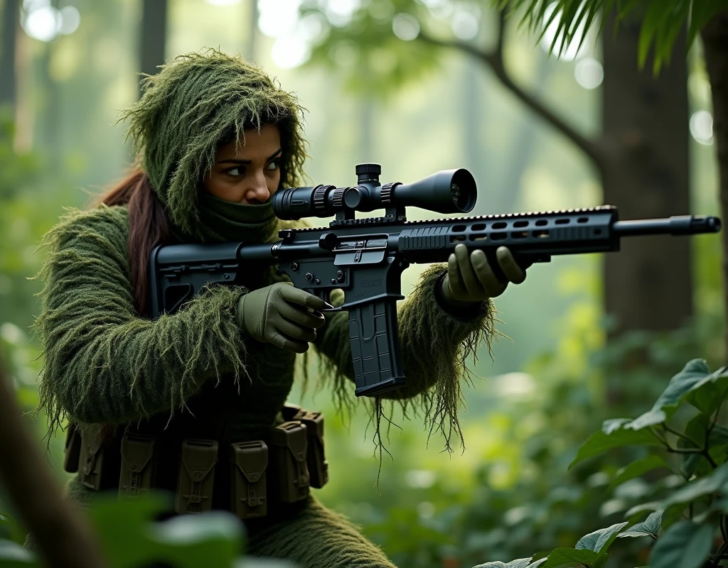 Aishwarya Rai as sniper, wearing wearing full ghillie suit, wearing full face scarf, wearing gloves, holding magnum sniper rifle, in jungle area, full body view, aiming pose, walking slowly, diagonal view, looking through scope,
