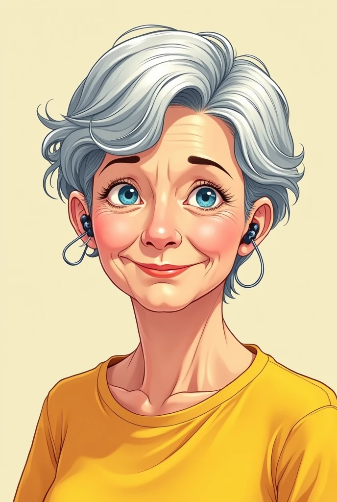 Style manga, une femme de 66 ans blanche, aux yeux bleus, cheveux poivre et sel courts. Elle a des appareils auditifs, elle sourit et son t-shirt est jaune. Quelques rides. Levres pleines 