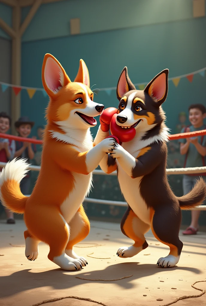 A Corgi dog in a scruffy boxing match with a chocolate brown border collie