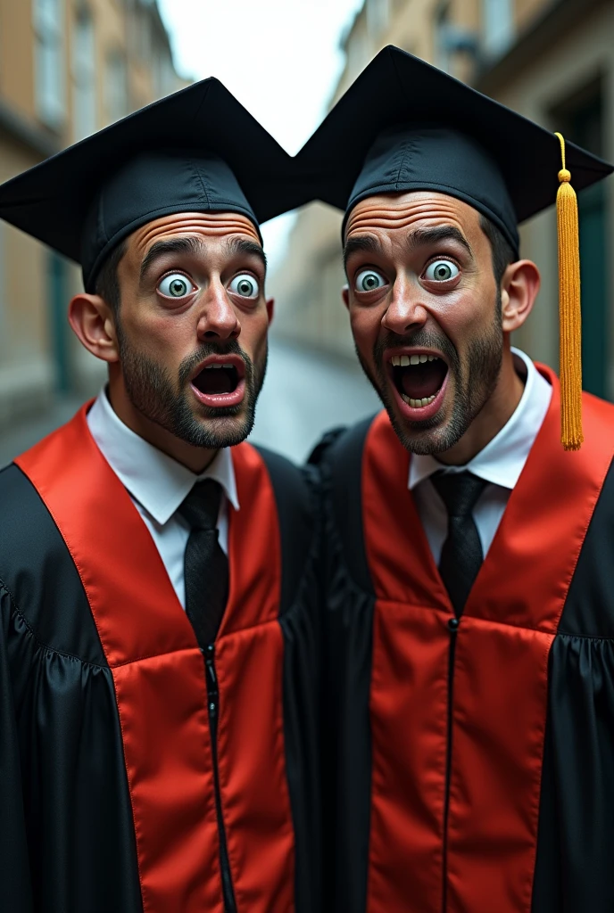 Make a 2 man in graduation clothes with his eyes bugged out from drugs