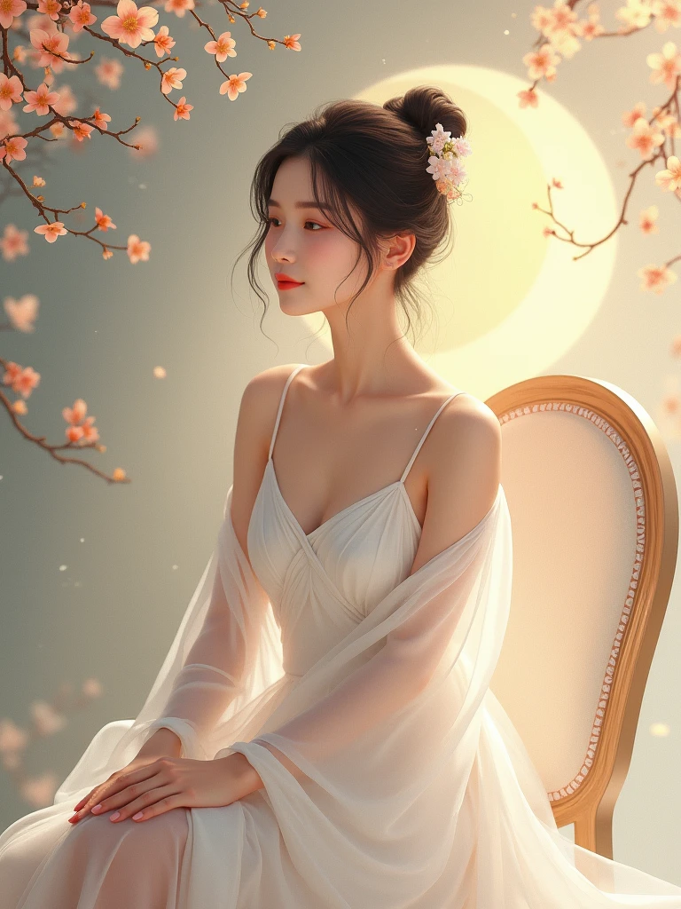 True. wears a white dress with the concept of Mid-Autumn Festival. A beautiful and young Asian girl Sitting on a chair. Mid-Autumn Festival