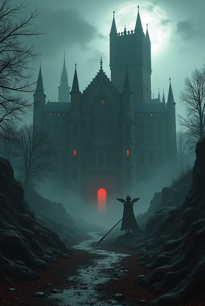 (photorealism:1.2) kingdom of darkness. Black Gothic structure castle, old and hostile.
Red-eyed demons lurking. Corpses around. dark fantasy