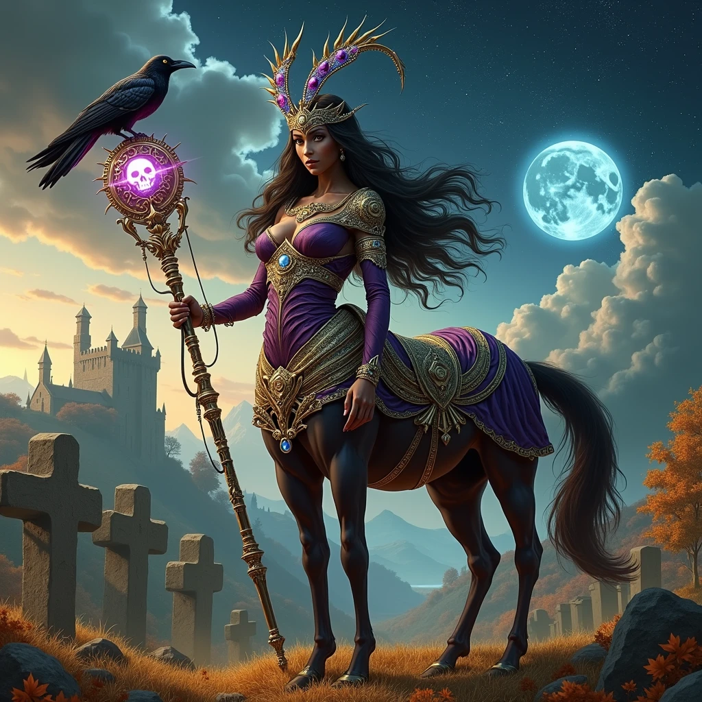 Epic digital autumn art, beautiful black female centaur necromancer, holding an ornate staff with glowing skull on top, raven sitting on top of the staff, wearing an intricate jeweled headdress, extravagant purple dress with golden accents, casting light blue energy in the cloudy sky, moonlit starry night, mountains, massive tombstones, Gothic castle, exotic trees, autumn.