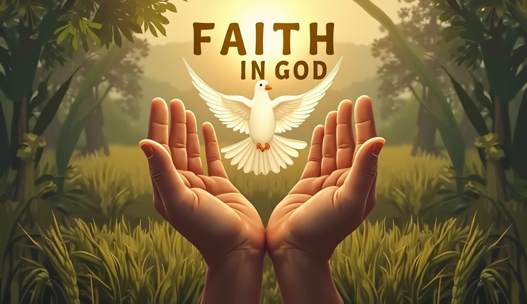 Rice cultivation fund, hands clasped below, a dove in the center, the literal phrase: FAITH IN GOD in capital letters.