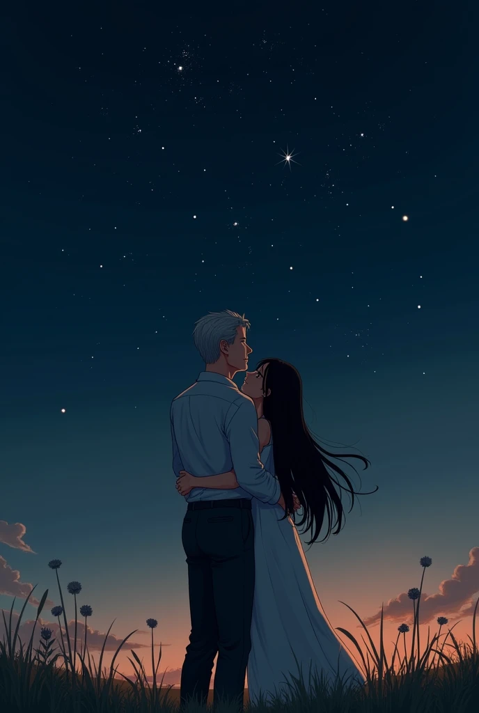 A drawing for a story where a gray-haired man and a black-haired woman appear, hugging each other while looking at the stars.