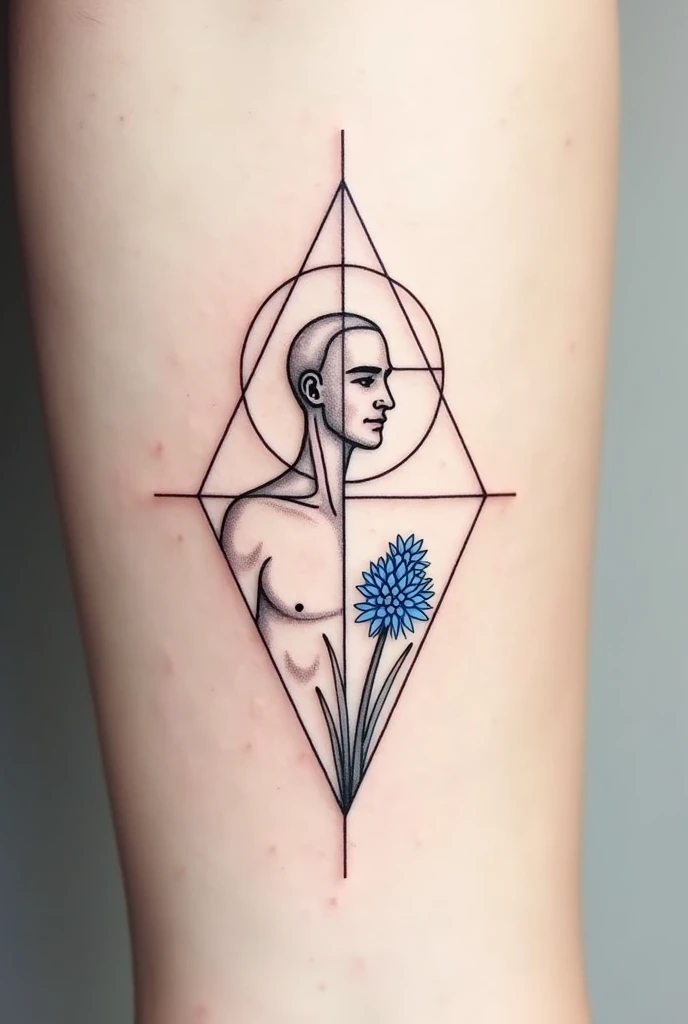 Create a geometric design for a minimalist tattoo of Apollo and a blue Hyacinth flower