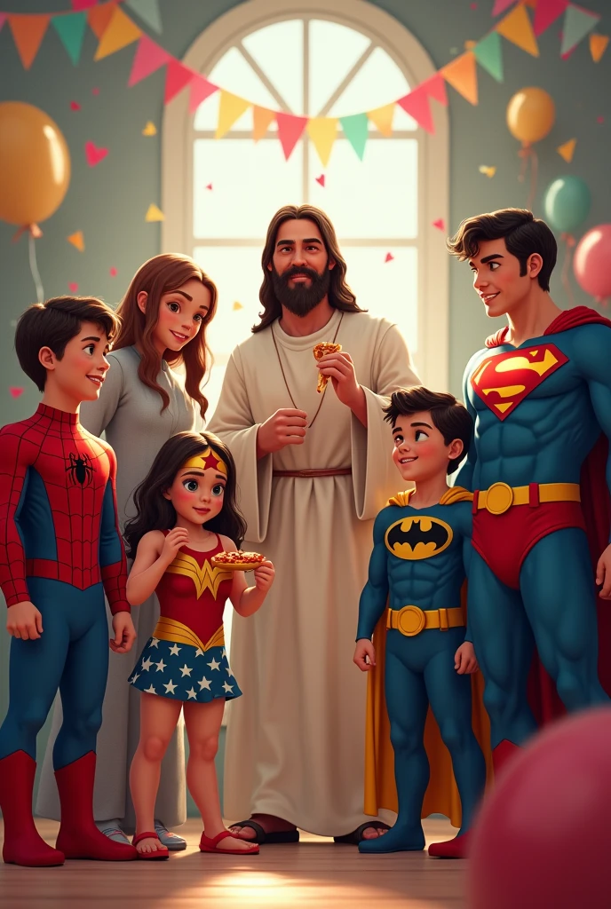 A boy dressed as Spiderman, 
A girl dressed as Wonder Woman, 
A fat kid eating pizza dressed as Batman,
A boy dressed as Superman and Jesus Christ in the middle of everyone as the best superhero and next to Jesus Christ a girl in pajamas, in the background a room decorated for a girl