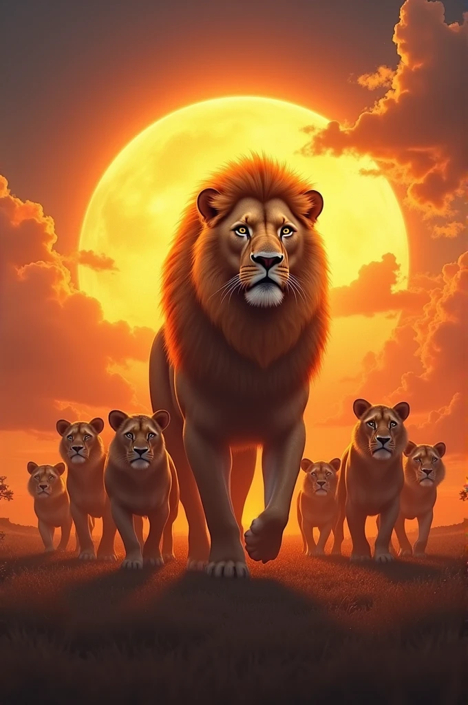 a sunrise in which the sun is an imposing lion while it is with its entire pack