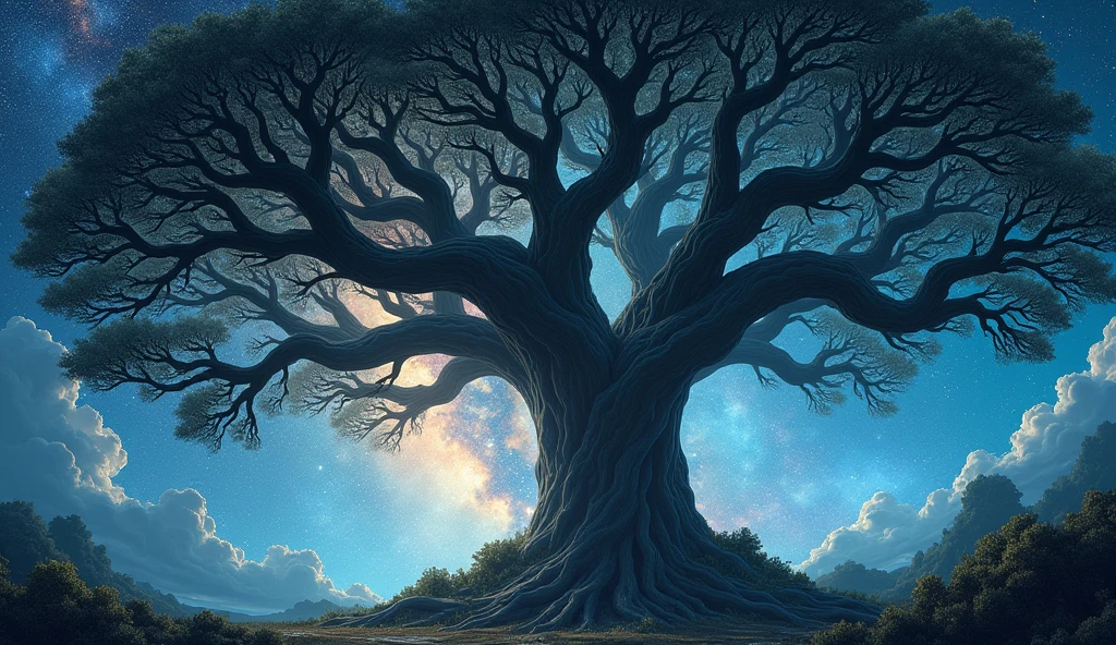 Beautiful tree with large, spreading and long branches, beautiful colorful background of stars and galaxies, many stars