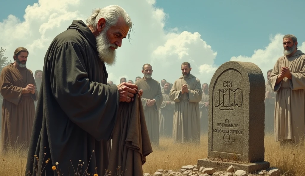 The Old Prophet, in mourning clothes, stands beside the grave of the Man of God, with an expression of respect and sadness. He is holding the robe of the Man of God, paying his last respects. The grave is simple, marked with stones, surrounded by a few people. The sky is clear, but there is a sense of reflection and reverence in the scene.