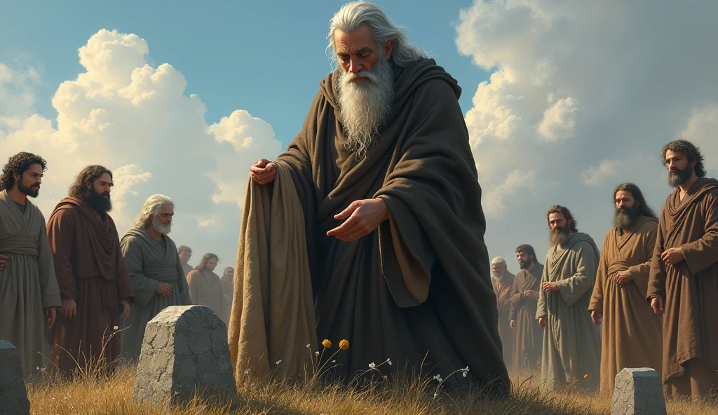 The Old Prophet, in mourning clothes, stands beside the grave of the Man of God, with an expression of respect and sadness. He is holding the robe of the Man of God, paying his last respects. The grave is simple, marked with stones, surrounded by a few people. The sky is clear, but there is a sense of reflection and reverence in the scene.
