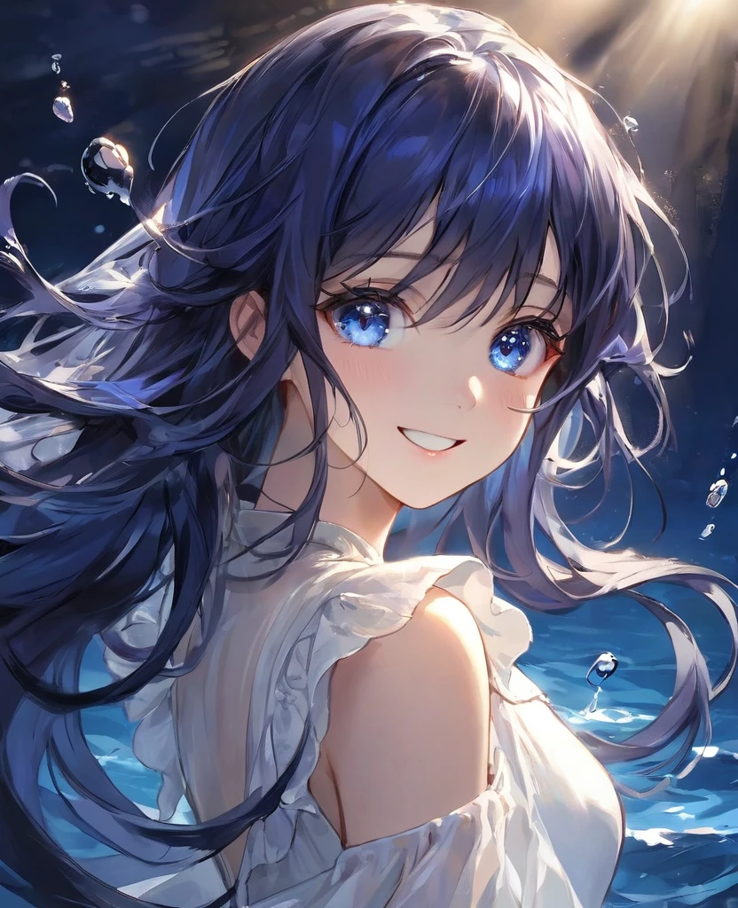 1 girl、Captivating deep blue eyes、Eyes that seem to contain the deep sea、Glowing effect、My Favorites、Illuminated by a spotlight、A radiant smile、Long Hair、Beautiful indigo hair、White Dress、Dark blue hair、masterpiece、Highest quality、Perfect Face、Facing forward、Gazing at the audience、Beautiful eyes and hair、Cute face、Perfect Face立ち、Deep sea background、Delicate、Splash、