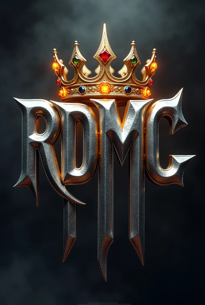Capital letters ( RDMC ) in shiny chrome metallic texture type blades, in very exaggerated gothic style, with reflections of fire, floating in front of a golden king's crown with gems, on a black background with lots of smoke
