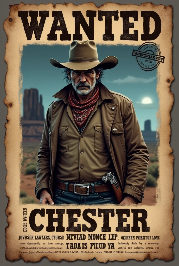 An old western poster where Chester is wanted as a fugitive 