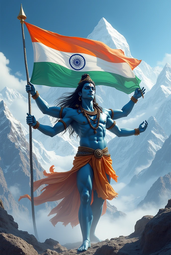 God shiva  caught the Indian flag on Himalaya
