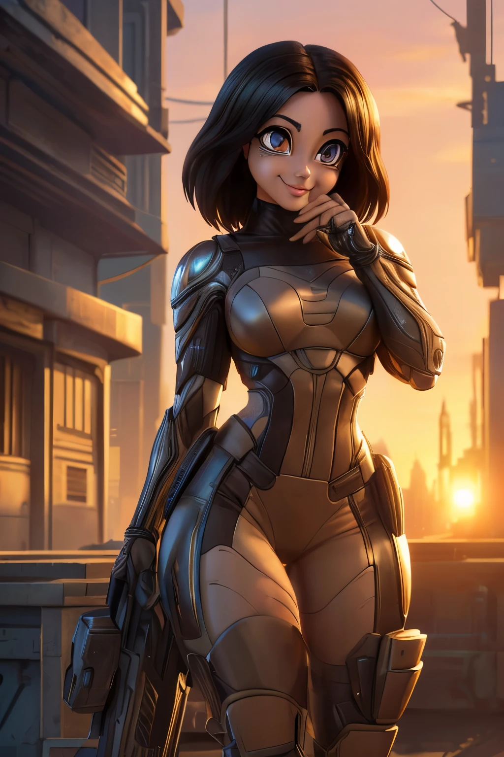 ((ultra quality)), ((Masterpiece artwork)), Alita battle angel, ((blackw, shorth hair)) (Beautiful cute face), (beautiful female lips), enchanting, ((excited expression)), looks at the camera with a gentle smile, eyes are slightly closed, (white skin color), Body shine, ((beautiful detailed female eyes)), ((lightbrown eyes)), (juicy female lips), (beautiful female hands), ((perfect female figure)), perfect female body, beautiful waist, BEAUTIFUL BIG THIGHS, beautiful breasts, ((subtle and beautiful)), he is, (close do rosto), (Alita costume) fund: cyberpunk city, beautiful sunset, ((Depth of field)), ((high quality clear image)), (sharp details), ((highy detailed)), realisitic, professional photo session, ((Focus Clear)), the anime