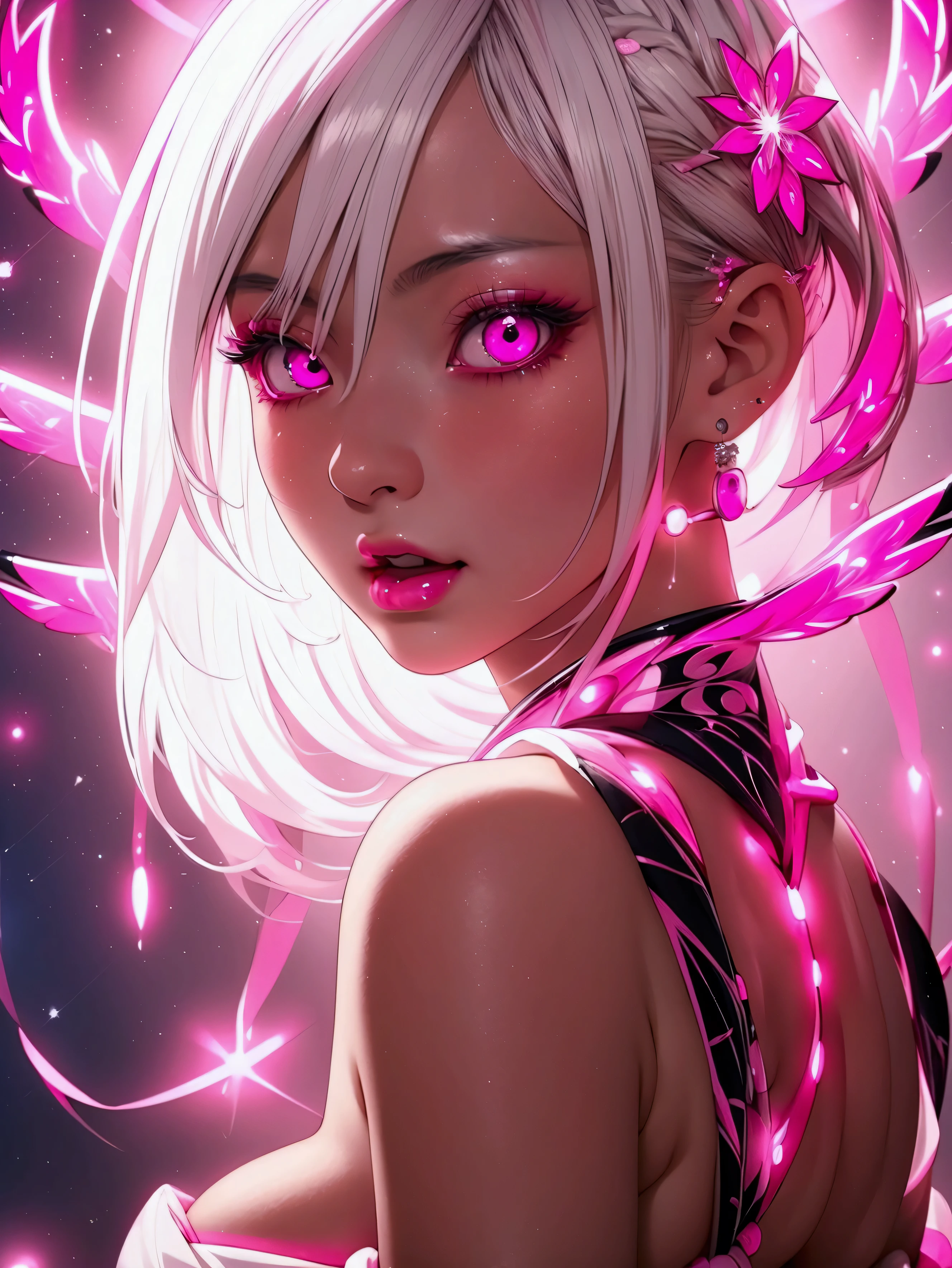 best quality, hot pink artwork, white line art, beautiful japanese girl self portrait, light up, white hair, big detailed eyes, ulzzang, ((huge breasts)), cleavage, arms behind back,
