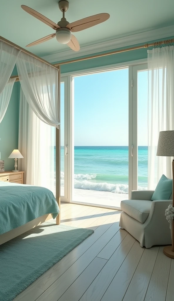 A bright, airy bedroom with large windows that open up to a serene ocean view. The room features a canopy bed with white, breezy curtains and soft blue bedding that complements the coastal theme. Light wooden flooring and walls painted in a soft seafoam green add to the relaxing, beach-inspired atmosphere. A cozy reading nook is tucked by the window, with a plush armchair and a small side table with a seashell lamp. Natural light floods the room, with the sound of gentle waves enhancing the tranquil setting. Light fixtures are kept minimal, with a single overhead fan and soft, ambient lighting creating a laid-back vibe.