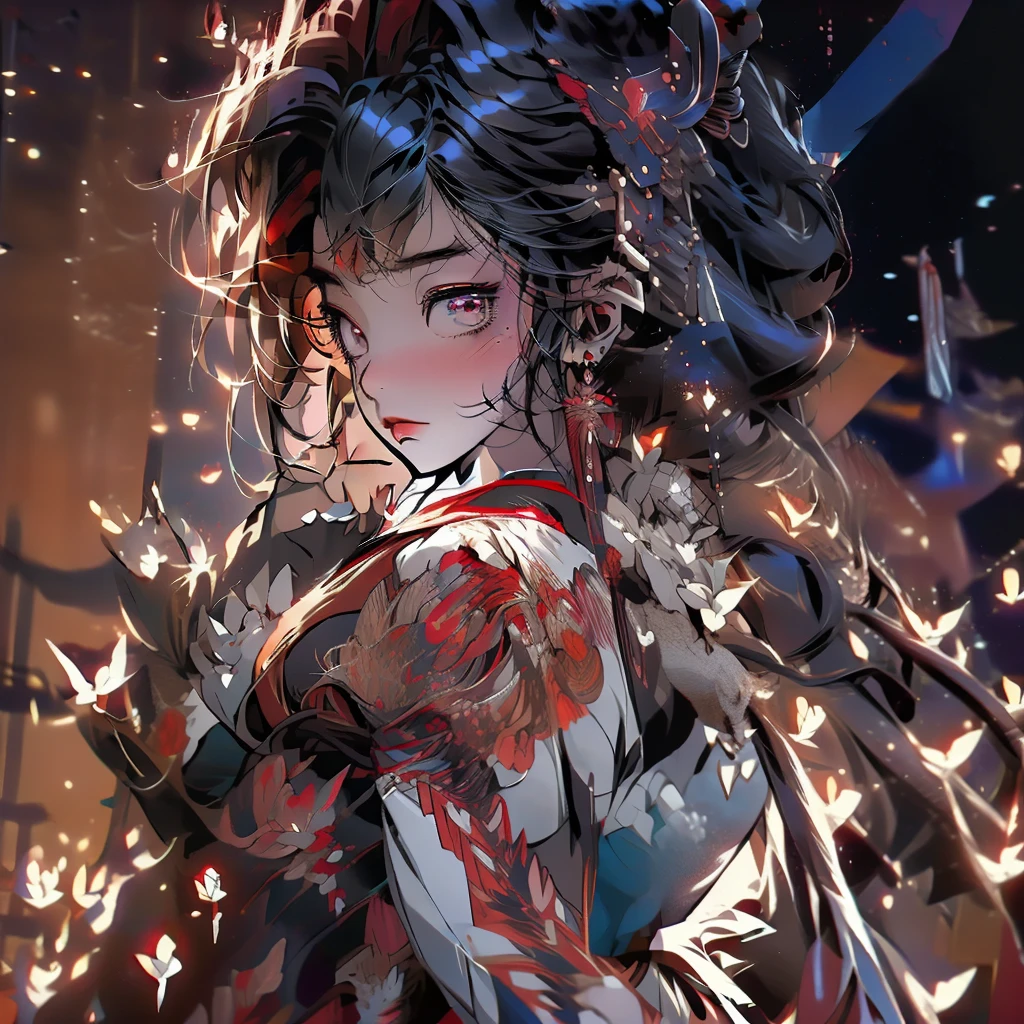 A vector art style, front view of an anime girl with traditional Japanese elements and cyberpunk design, red kimono, half devil half angel, hands in a prayer pose, multiple eyes on her head, she has wings behind her back, the background is a temple with a red and blue color theme, a colorful pop art illustration in the style of cool, a highly detailed, clean, bold manga poster, a 2D, flat, symmetrical composition. --ar 3:4 --niji 6