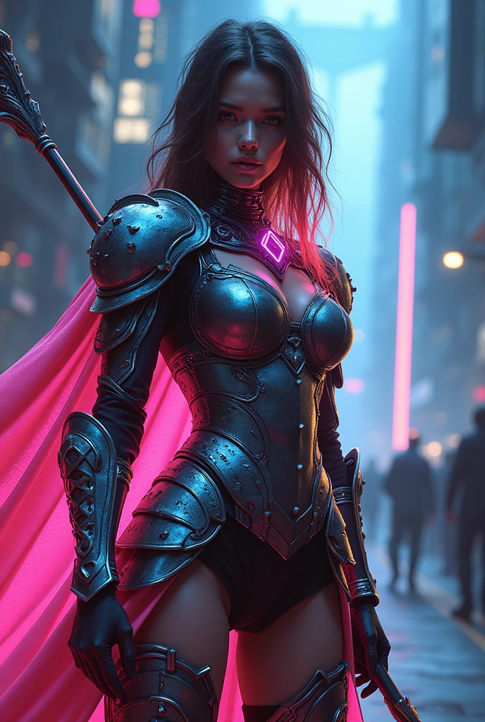 masterpiece, best quality, official art, extremely detailed CG unity 8k wallpaper,absurdres,8k resolution, exquisite facial features, prefect face, Cinematic Lighting, dynamic lighting, volumetric lighting maximalist photo illustration: by Marton bobzert, 8k resolution concept art intricately detailed, complex, elegant, majestic, ecstasy, fantastical, aspect ratio:16:9, shining armor, Fantasy detailers, a woman (Beautiful face, young, Supermodel) in Epic armor, neon light armor, standing holding a spear, Fantasy detailers, looking_at_viewer, front view, sexy woman, big breasts,