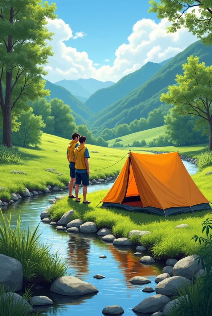 Realistic illustration of a camp with a tent in a valley , in a field with vegetation and grass where you can see part of a river with stones and molle trees, Sauces, alder etc around, with green hills and two young men from the Pathfinders Club of the Seventh-day Adventist Church with his yellow scarf 