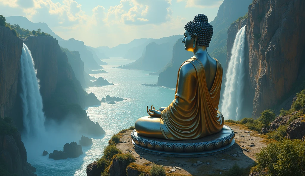 A close shot of the giant Guanyin Buddha meditating on a distant alien world. Imagine a serene landscape，Wearing gold and silver gauze, The viewing angle is from above,The boundless pure ocean, Reflecting the light in the night sky, Between the waterfalls, The rhythmic movement of the breath is synchronized with the gentle movement of the alien ocean. Subtle details，For example, the intricate design of a Jedi lightsaber, In harmony with the beauty of the surrounding paradise, Adding extra visuals,Asuka, Scenic landscape .