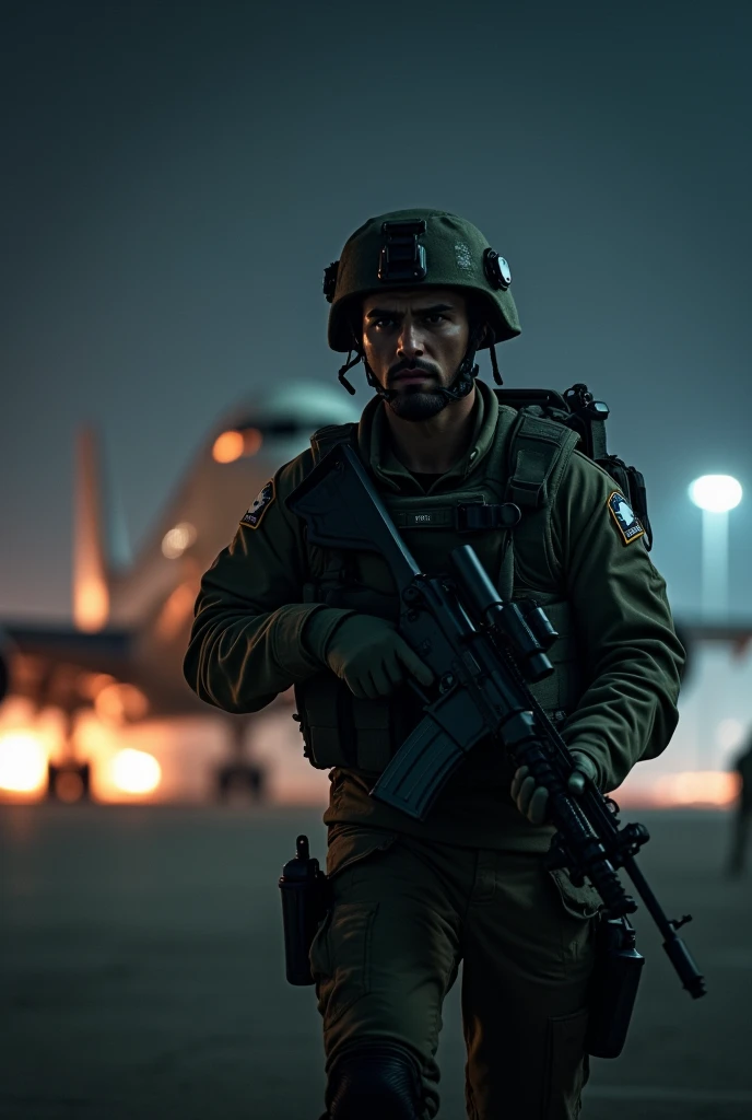 "Operation Thunderbolt," prompt could be:"Show an intense nighttime military operation with Israeli commandos in tactical gear, storming an airplane at an airport. Include dramatic lighting, with flashes of gunfire and a sense of urgency. Highlight a lead commando in the foreground, with determined expressions, weapons ready, and the silhouette of the plane in the background. The color scheme should be dark with contrasting highlights to emphasize the tension and action."