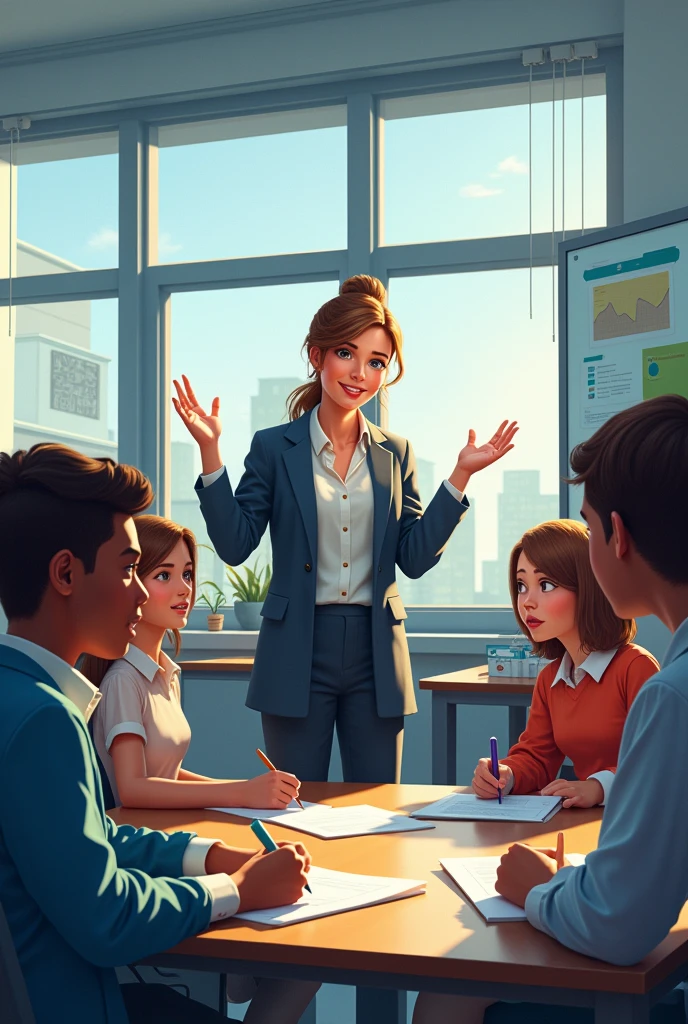 *A dynamic illustration of a teacher interacting with students in a modern classroom, emphasizing innovation in education (realistic) ((cinematic));(style)