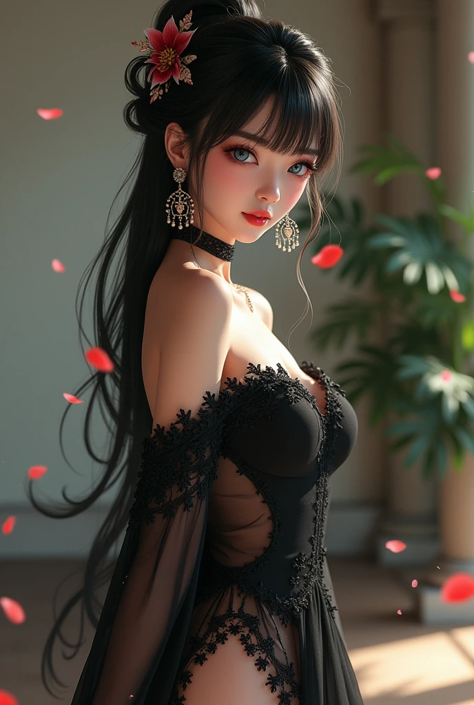 (score_9, score8_up), (majestic:1.5), uhd:1.3, RAW photo,1girl, solo, very detailed perfect natural breasts, looking at viewer, blush, very detailed shinning short hair, bangs, very detailed glossy blue eyes, very detailed shinning black hair, hair ornament, dress, bare shoulders, jewelry, very detailed perfect natural medium breasts, standing, ass, flower, cowboy shot, earrings, very detailed full glossy lips, parted lips, detached sleeves, choker, looking back, indoors, hair flower, hair bun, from behind, black dress, see-through, petals, sleeveless dress, back, black choker, single hair bun, plant, red flower, side slit, pillar, digital art, professional style, detailed image, detailed perfect natural skin, blush, realistic eyes, extremely beautiful woman, ((masterpiece quality: 2)), light particles, attractive image, reflections, Details
