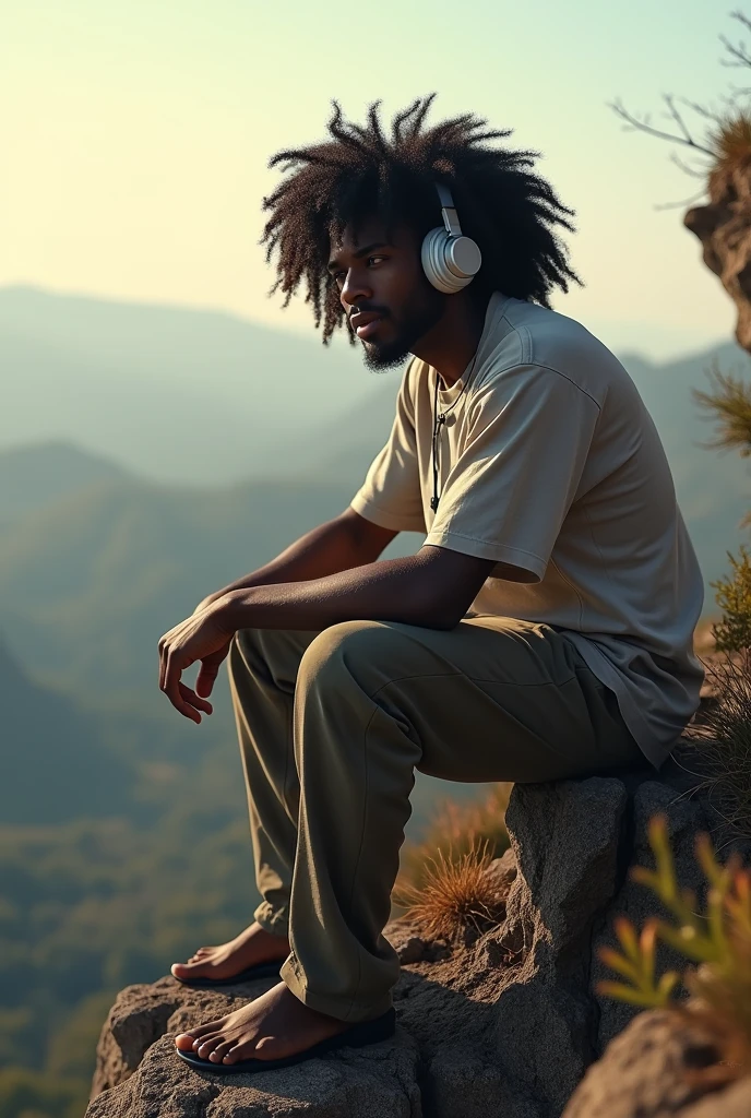 create a cover for an album where I appear as a 2 young man of 1.85 tall with dark skin and long curly hair a little below the shoulders wearing loose clothing, Do it sitting on a cliff with headphones and at the top a title that says "Beat it",