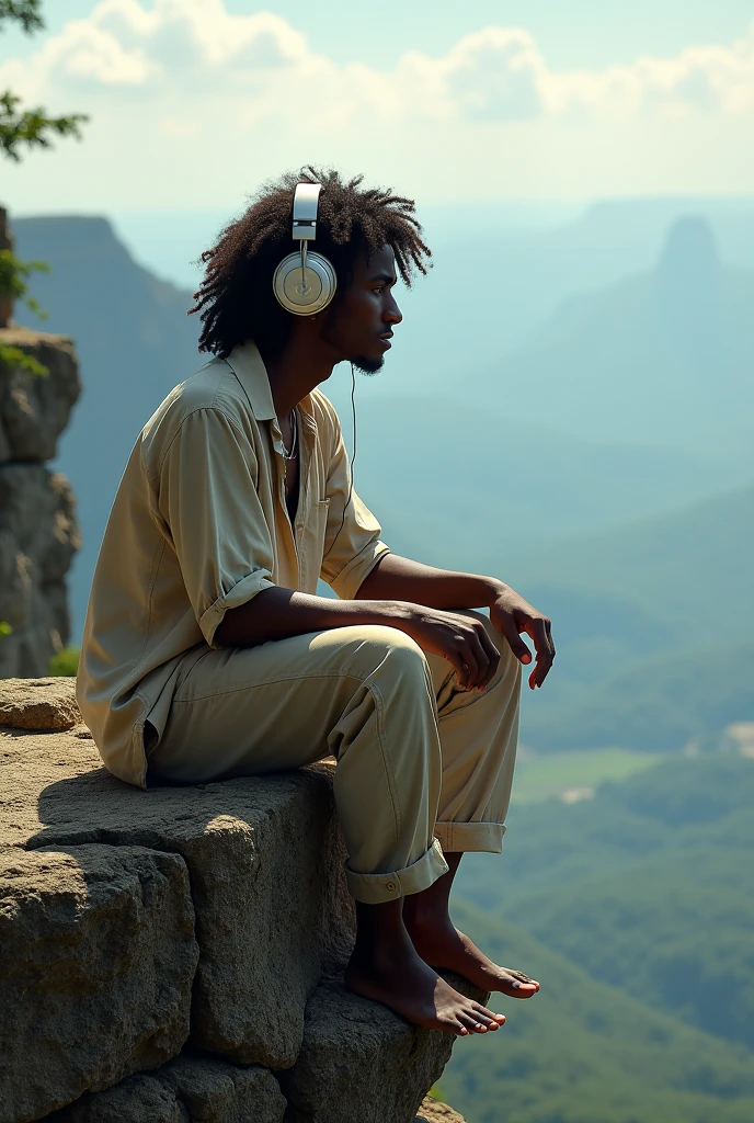 create a cover for an album where I appear as a 2 young man of 1.85 tall with dark skin and long curly hair a little below the shoulders wearing loose clothing, Do it sitting on a cliff with headphones and at the top a title that says "Beat it", 