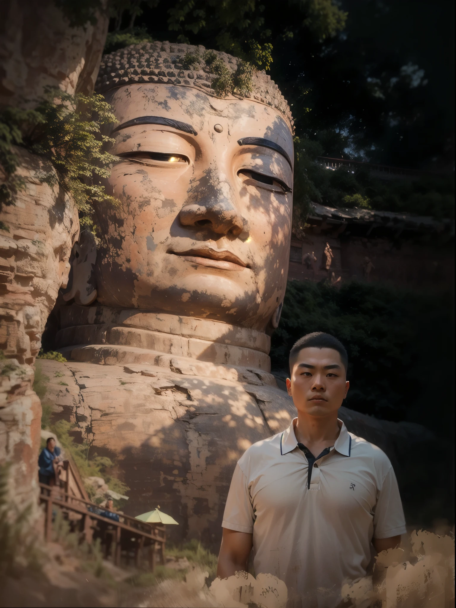 best quality,masterpiece,Ultra-high resolution,(Reality:1.4),xiuxian,Delicate face,Nice face，A person standing in front of the Buddha and praying，Rock Buddha,Leshan Giant Buddha
