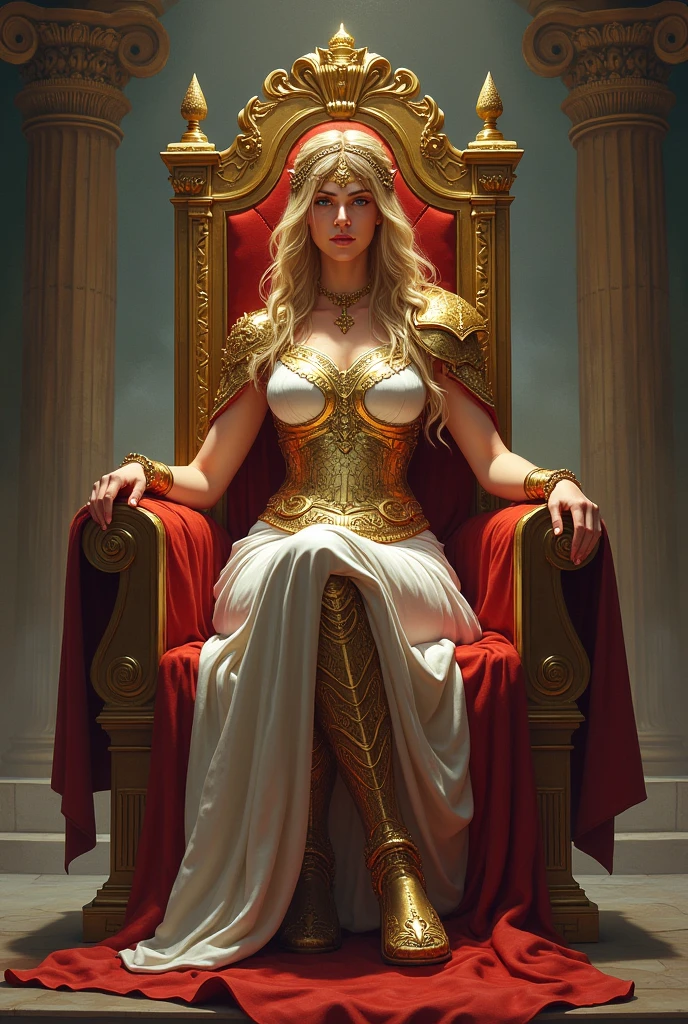 Greek godess athena goddes of wisdome and defence sit on a throne with a sheild and a sphere
