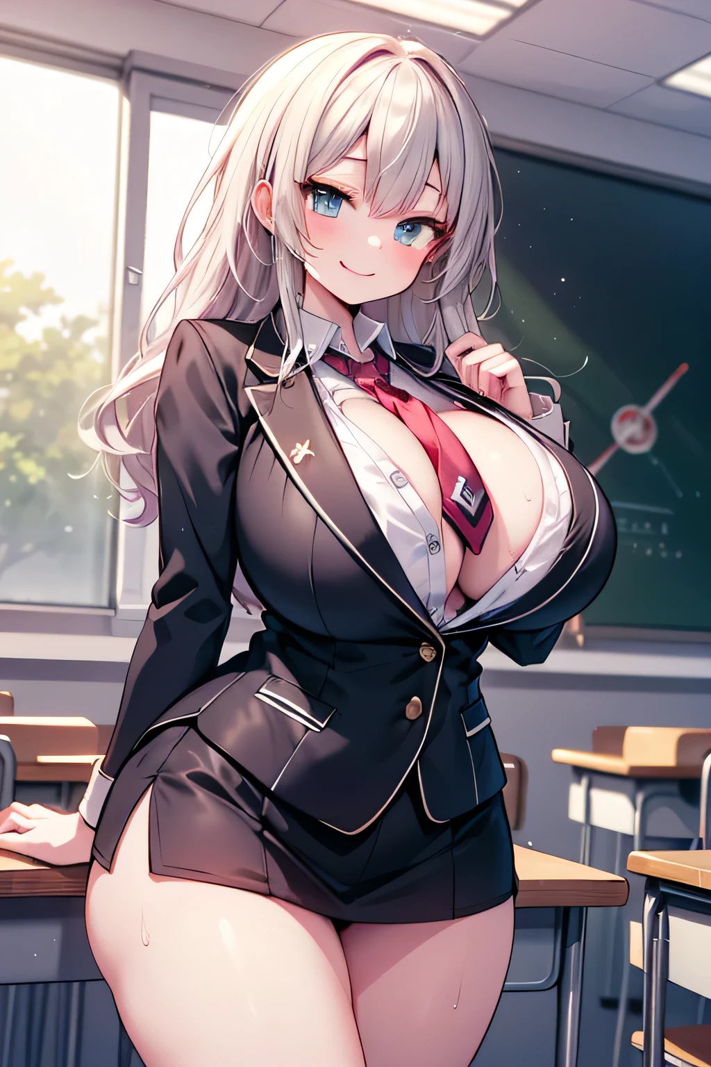 Anime illustration、High resolution、smile、A busty high school girl with huge breasts shows off her charms in a classroom at dusk wearing a blazer over her dress shirt、tie、Shibuya Rin、Perfect proportions、Cowboy Shot、Plump thighs、Sharp Eyes、Sweaty
