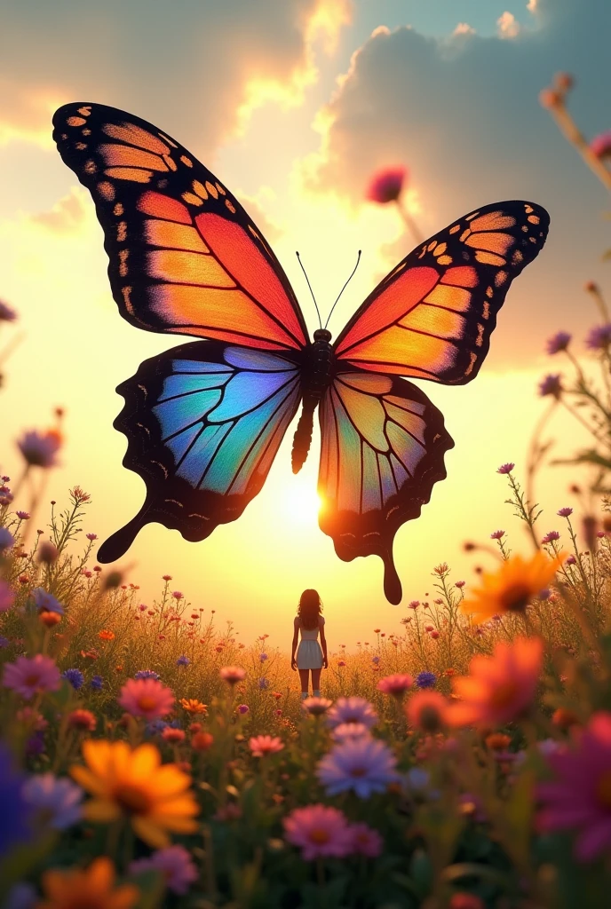 Butterfly Transformation: "A gigantic butterfly, with vibrantly colored wings, emerging from the cocoon into a sunrise-lit landscape. Ao fundo, a flowery field with flowers of all colors, as the butterfly slowly rises towards the sky, symbolizing personal growth and transformation."