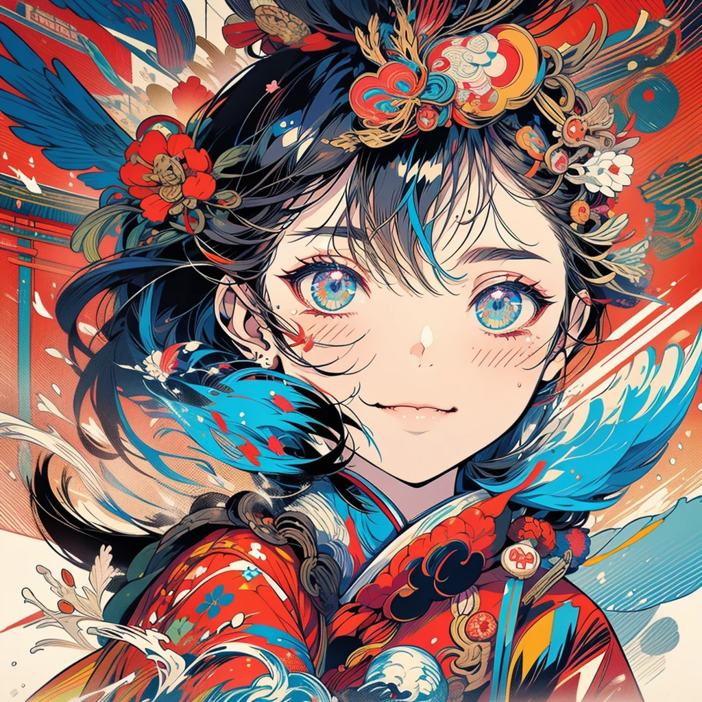 A vector art style, front view of an anime girl with traditional Japanese elements and cyberpunk design, red kimono, half devil half angel, hands in a prayer pose, multiple eyes on her head, she has wings behind her back, the background is a temple with a red and blue color theme, a colorful pop art illustration in the style of cool, a highly detailed, clean, bold manga poster, a 2D, flat, symmetrical composition. --ar 3:4 --niji 6