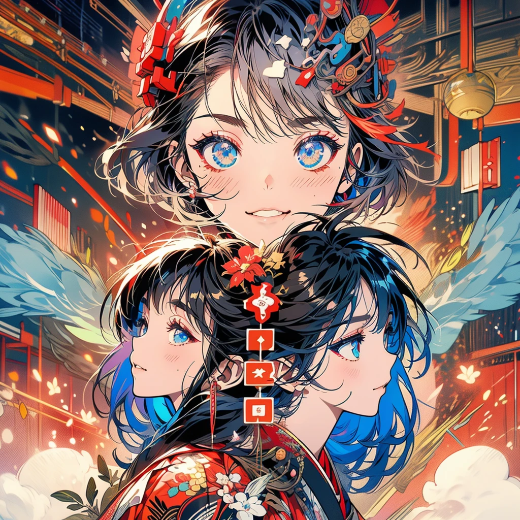 A vector art style, front view of an anime girl with traditional Japanese elements and cyberpunk design, red kimono, half devil half angel, hands in a prayer pose, multiple eyes on her head, she has wings behind her back, the background is a temple with a red and blue color theme, a colorful pop art illustration in the style of cool, a highly detailed, clean, bold manga poster, a 2D, flat, symmetrical composition. --ar 3:4 --niji 6