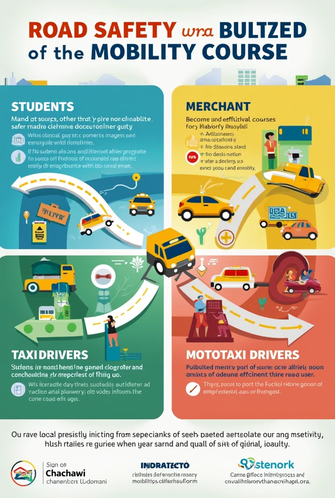 Generate a flyer inviting people to sign up for a road safety course Imagine a flyer divided into four quadrants. Each quadrant has an icon that represents the students, merchants, taxi drivers, y mototaxi drivers. Use bright colors (like blue for students, verde para merchants, amarillo para taxi drivers, y rojo para mototaxi drivers) that correspond to each group. In each section, Use simple graphics like arrows and paths to guide the eye toward the signup message. Transform the way you move! Have you ever wondered how you could contribute to safer and more efficient mobility in our city?? Now you have the opportunity to be part of the change. We invite you to sign up for our Road Mobility workshop, where you will not only learn to protect yourself and others on the roads, but you will also discover how a small change in your behavior can have a big impact on our community.. Why attend?? Raise your knowledge: Learn the rules that will make you a more conscious and responsible road user. Protect your life and that of others: Learn techniques to prevent accidents and manage risky situations. Be an example in your community: Become a benchmark for good mobility and contribute to a safer road environment. Don't miss this opportunity! Sign up today and join those who are making a difference!! The image must contain real images that relate to the municipality of Chachawi in the department of Nariño in Colombia