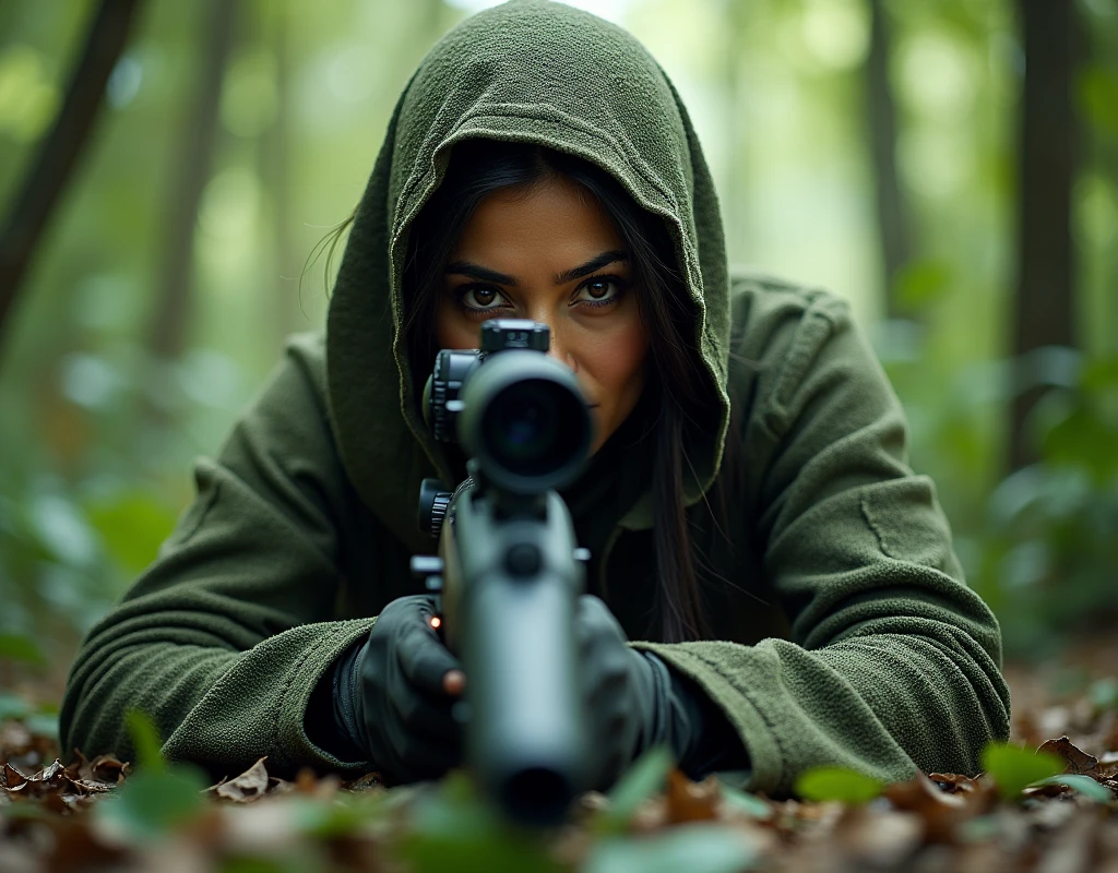 Aishwarya Rai as sniper, wearing wearing full ghillie suit, wearing full face scarf, wearing gloves, holding magnum sniper rifle, in jungle area, full body view, aiming pose, lying prone, frontl view, looking through scope,
