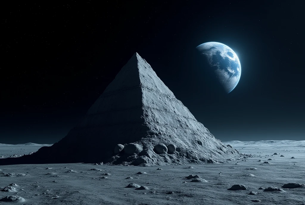 image of the moon's surface in dark starry outer space with an alien spaceship emerging from a dark cave on the moon's surface, THERE IS A WIDE, GRAY PYRAMID OF ROCK THAT IS LEVITATING IN THE AIR AND HAS 4 TURBINES CONNECTED AT THE BASE OF IT, IT HAS A FAITHFUL IMAGE OF THE BLUE PLANET EARTH SHINING ON THE HORIZON IN THE DISTANCE AS REALISTIC AS POSSIBLE, as detailed as possible