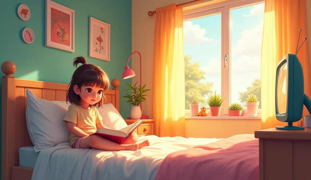 Depict a young girl, Emily, sitting on her bed with a book or watching TV. The room is bright and cheerful.